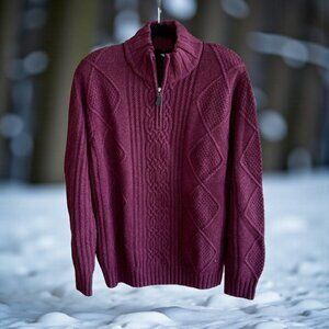 Jos. A Banks Men's Plum Purple 1/4 Zip Cable Knit Lambswool Blend Sweater Size L